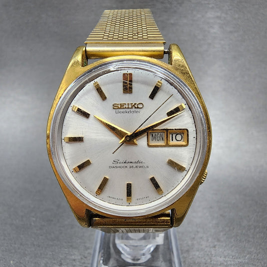 Seiko Seikomatic Watch Men 37mm Silver Dial Gold Tone Daydate 6218-8950 Runs