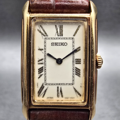 Seiko Tank Watch Women 18mm Ivory Dial Gold Tone Rectangle 1N00-0EL0 New Battery1