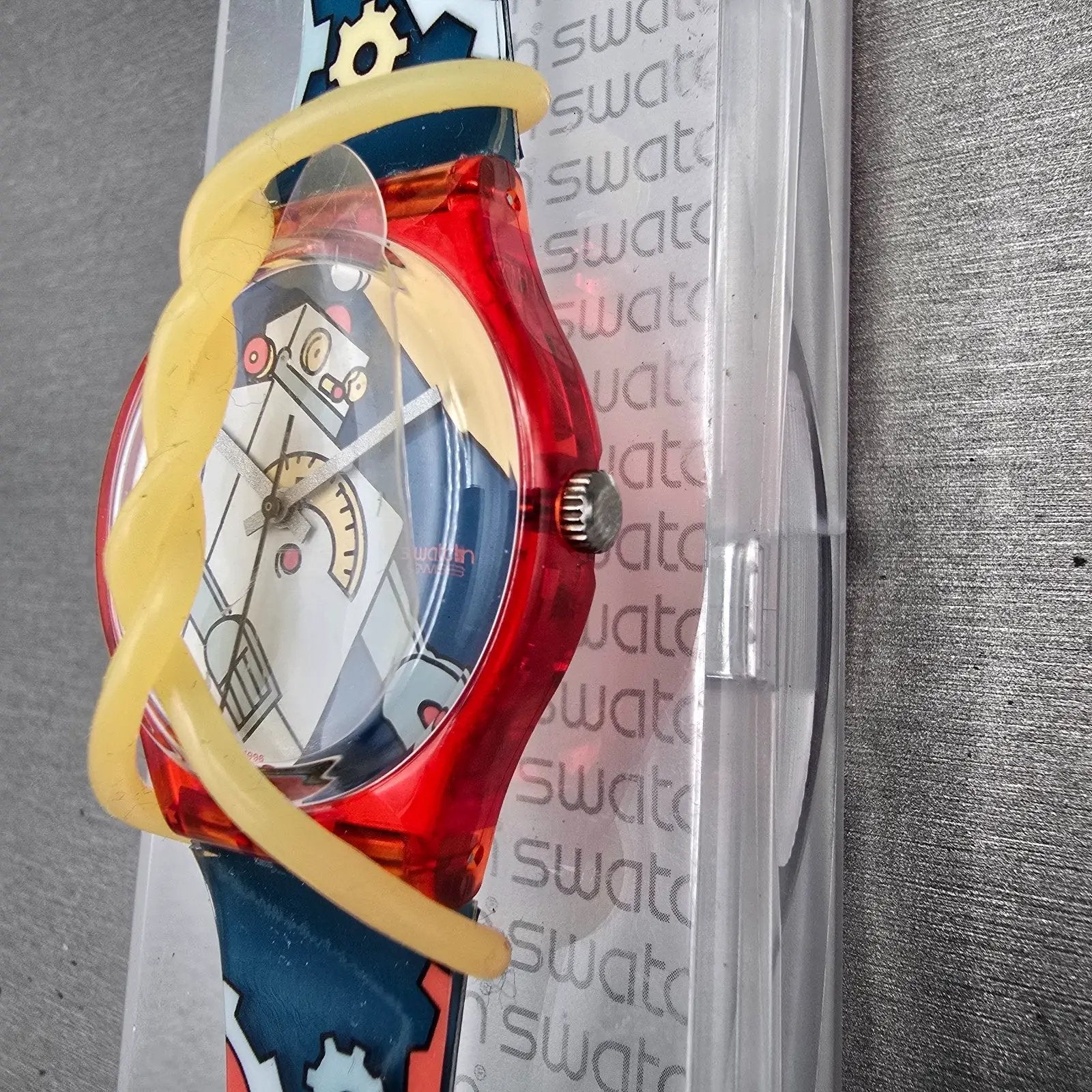 Swatch Gent Roboboy Watch Men 34m Blue Dial Red Case Round GR135 New Battery VTG2