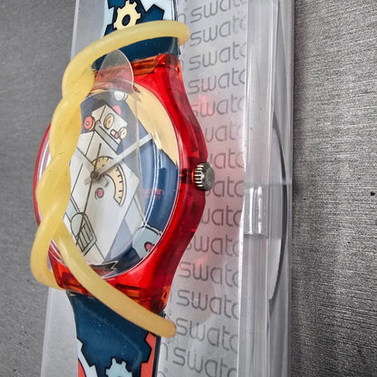 Swatch Gent Roboboy Watch Men 34m Blue Dial Red Case Round GR135 New Battery VTG2