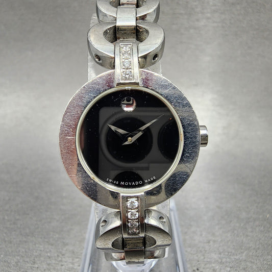 Movado Belamoda Watch Women 25mm Black Dial Steel Diamond Round New Battery