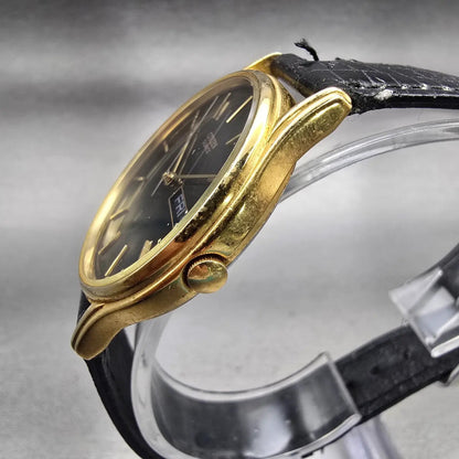 Citizen CQ Watch Men 34mm Black Dial Gold Tone Daydate Round 2500-S76418 New Bat2