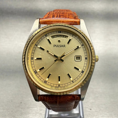 Pulsar President Watch Men 35mm Champagne Dial Two Tone Date V744-0A20 New Bat0