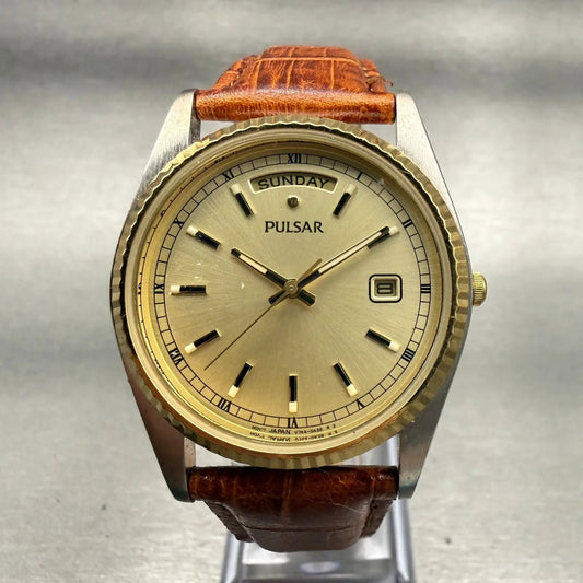 Pulsar President Watch Men 35mm Champagne Dial Two Tone Date V744-0A20 New Bat0