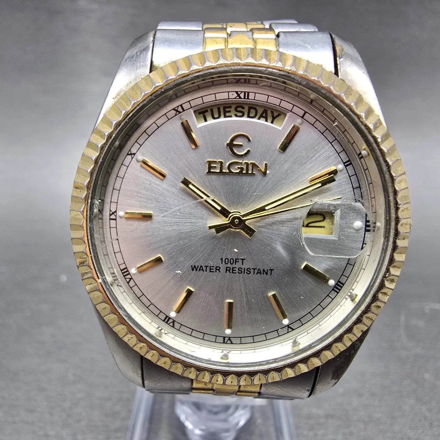 Elgin President Watch Men 38mm Silver Dial Two Tone Daydate Round New Battery0