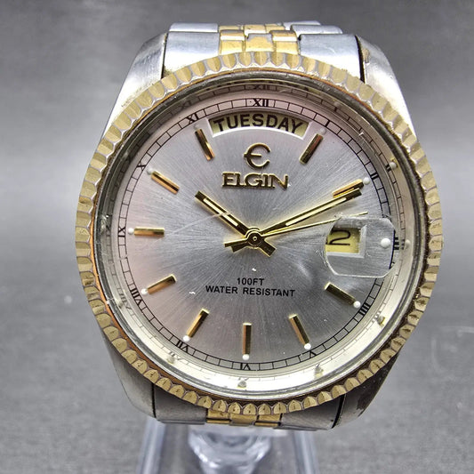 Elgin President Watch Men 38mm Silver Dial Two Tone Daydate Round New Battery0
