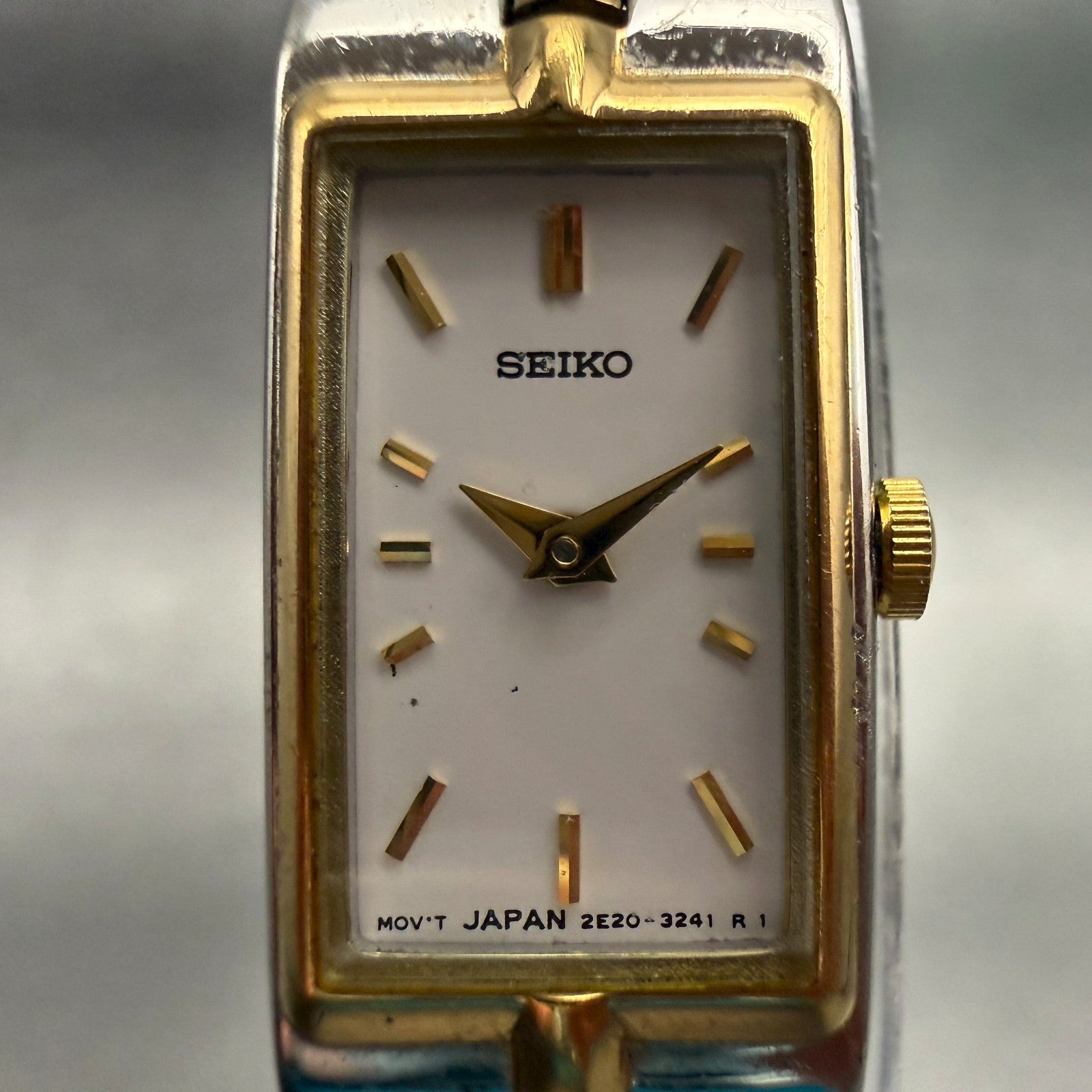 Seiko Watch Women 13mm White Dial Two Tone Rectangle 2E20-7479 New Battery1