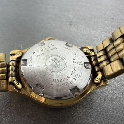 Seiko Sports 50 Watch Women 25mm Champagne Dial Gold Tone Date 7N820271 New Bat8