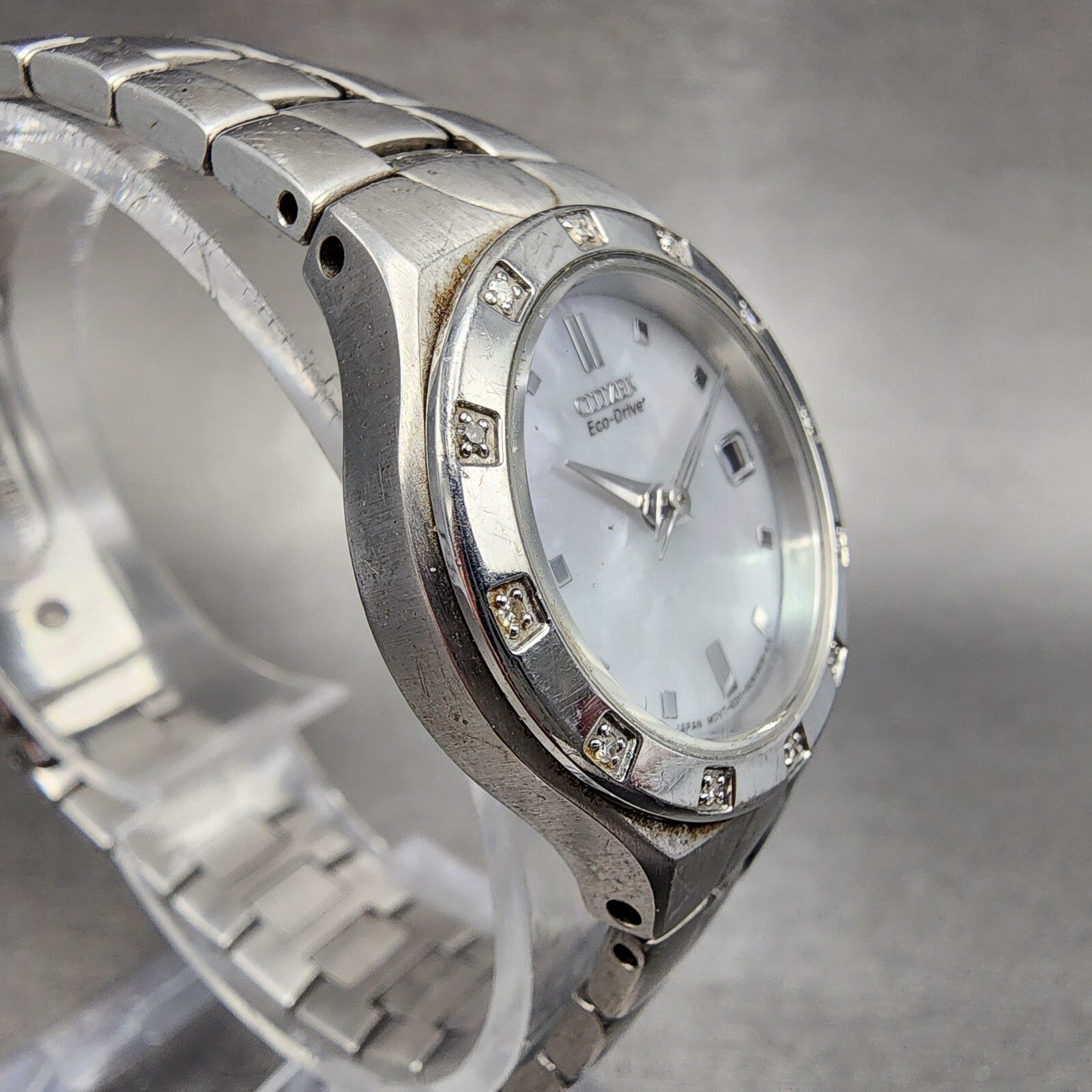 Citizen EcoDrive Watch Women 26mm MOP Dial Stainless Steel Date Diamonds Runs3