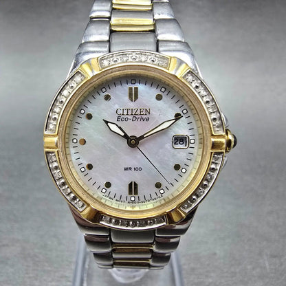Citizen Eco-Drive Rivia Watch Women 27mm MOP Dial Two Tone Diamonds EW0894-57D0