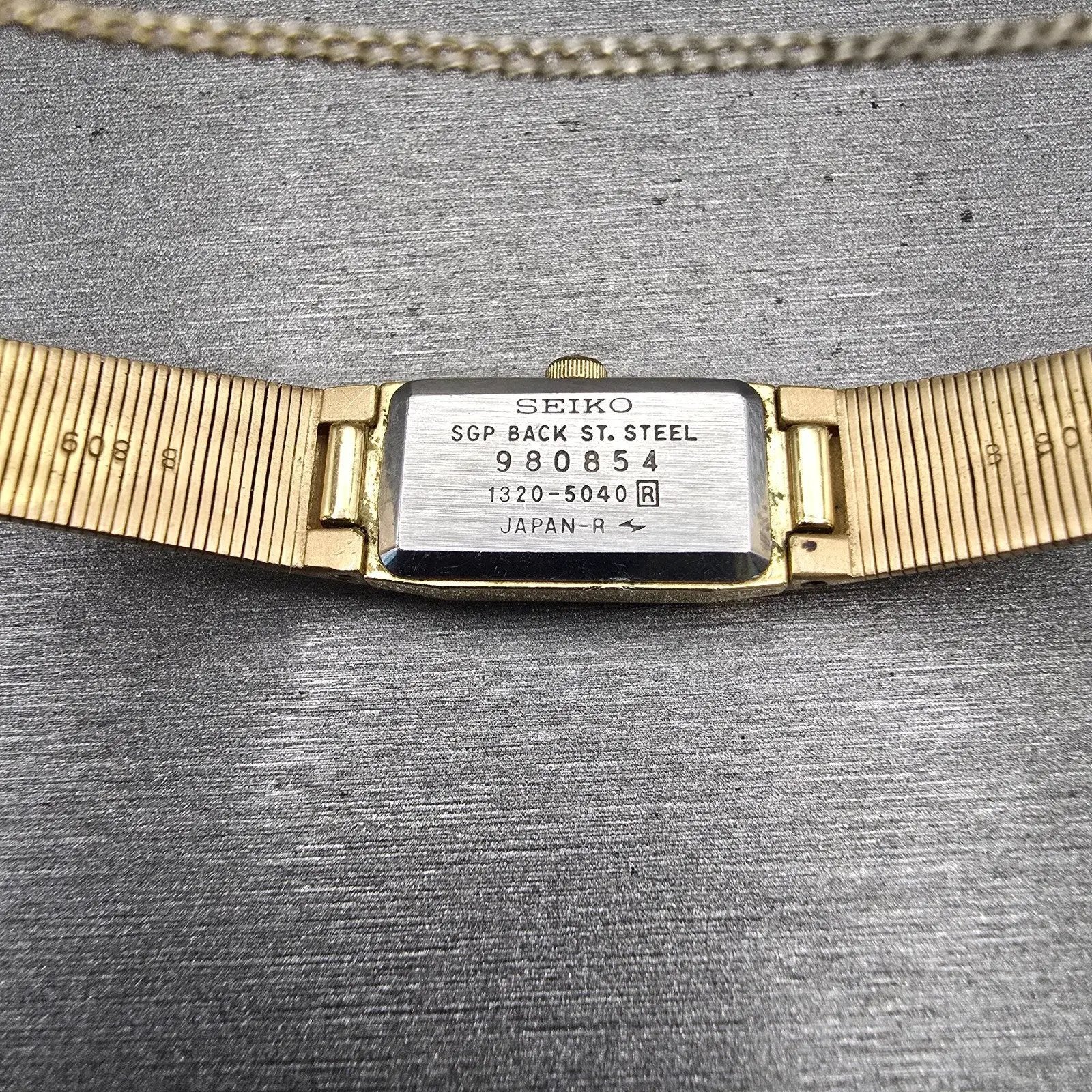 Seiko Watch Women 12mm Gold Dial Gold Tone Rectangle 1320-5040 New Battery VTG10