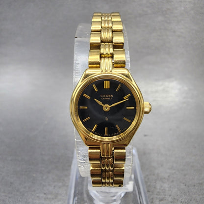 Citizen CQ Watch Women 17mm Black Dial Gold Tone Round 3220S28171 New Battery0