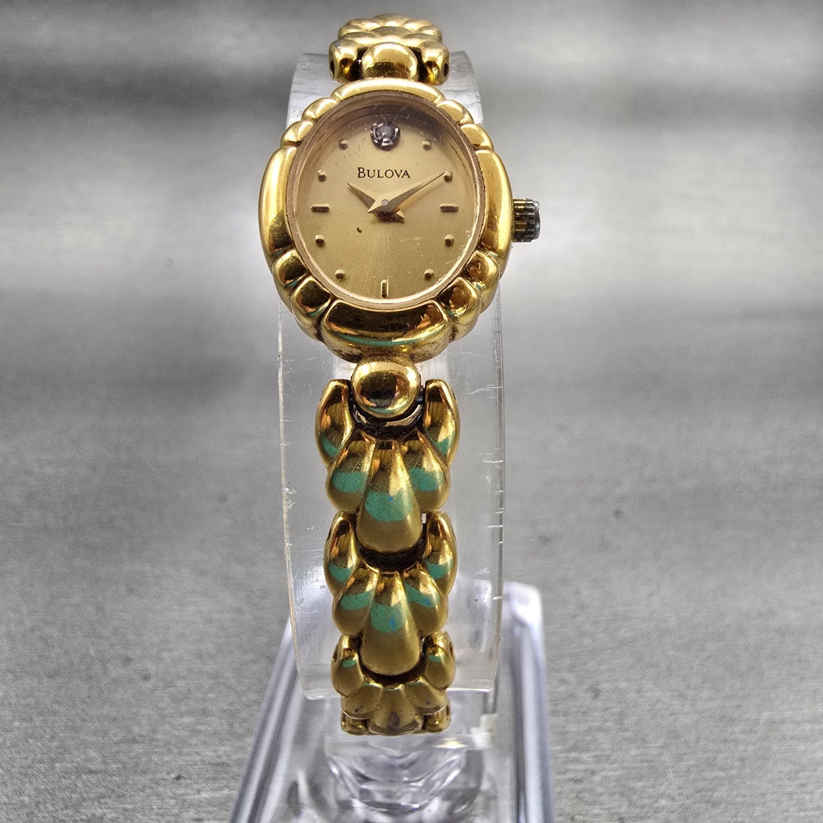 Bulova Watch Women 16mm Gold Dial Gold Tone Oval Diamond Accent New Battery VTG5