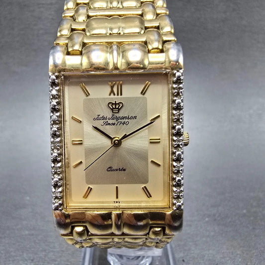 Jules Jurgenson Tank Watch Men 24mm Champagne Dial Gold Tone Rectangle New Batt0