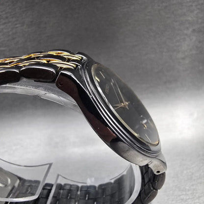 Seiko Watch Men 34mm Black Dial Black & Gold Date Round 7N22-7041 New Battery JP3