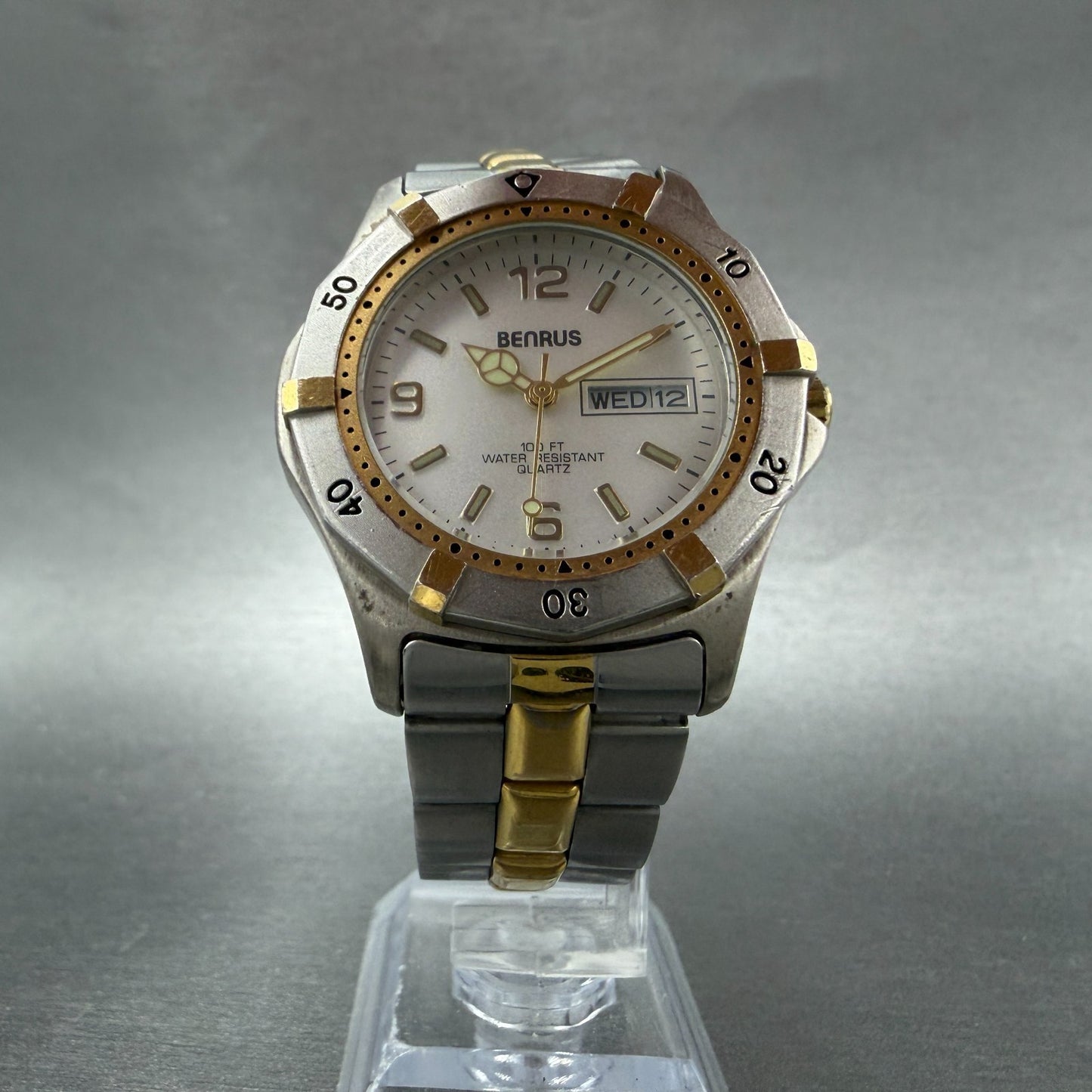 Benrus Dive Watch Men 37mm Silver Dial Two Tone Daydate Round New Battery5