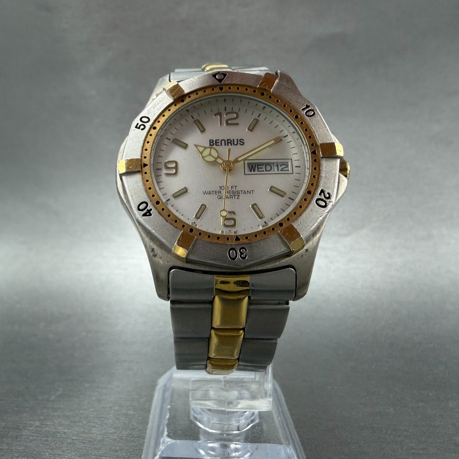 Benrus Dive Watch Men 37mm Silver Dial Two Tone Daydate Round New Battery5