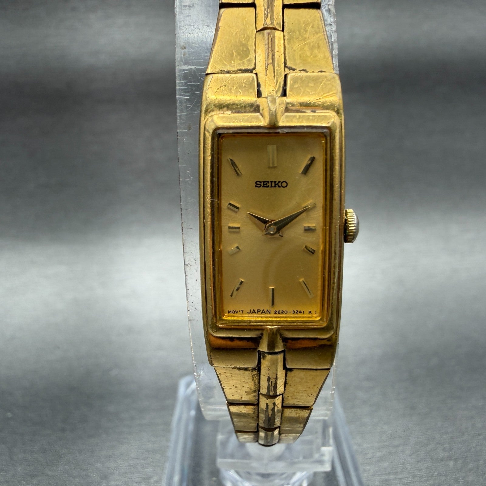 Seiko Tank Watch Women 13mm Champagne Dial Gold Tone Rectangle 2e20-7479 NewBat30