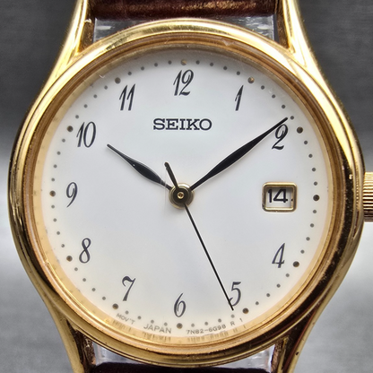 Seiko Watch Women 25mm White Dial Gold Tone Date Round 7N82-6E80 New Battery1