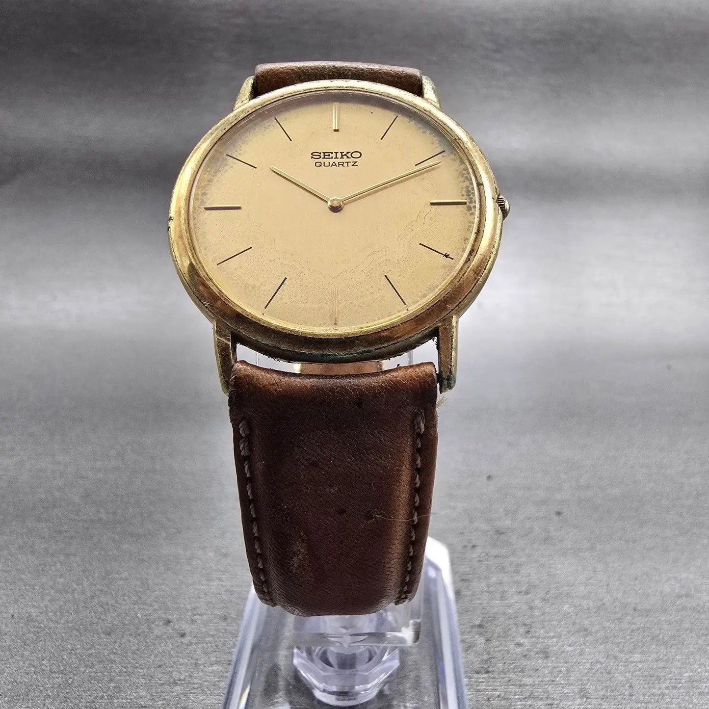 Seiko Watch Men 31mm Gold Dial Gold Tone Round 9300-7009 New Battery Vintage5