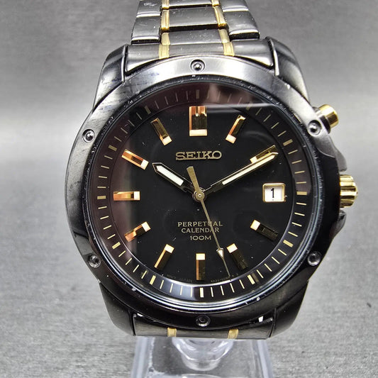 Seiko Perpetual Calendar Watch Men 39mm Black Dial Black & Gold Tone Date NewBat0