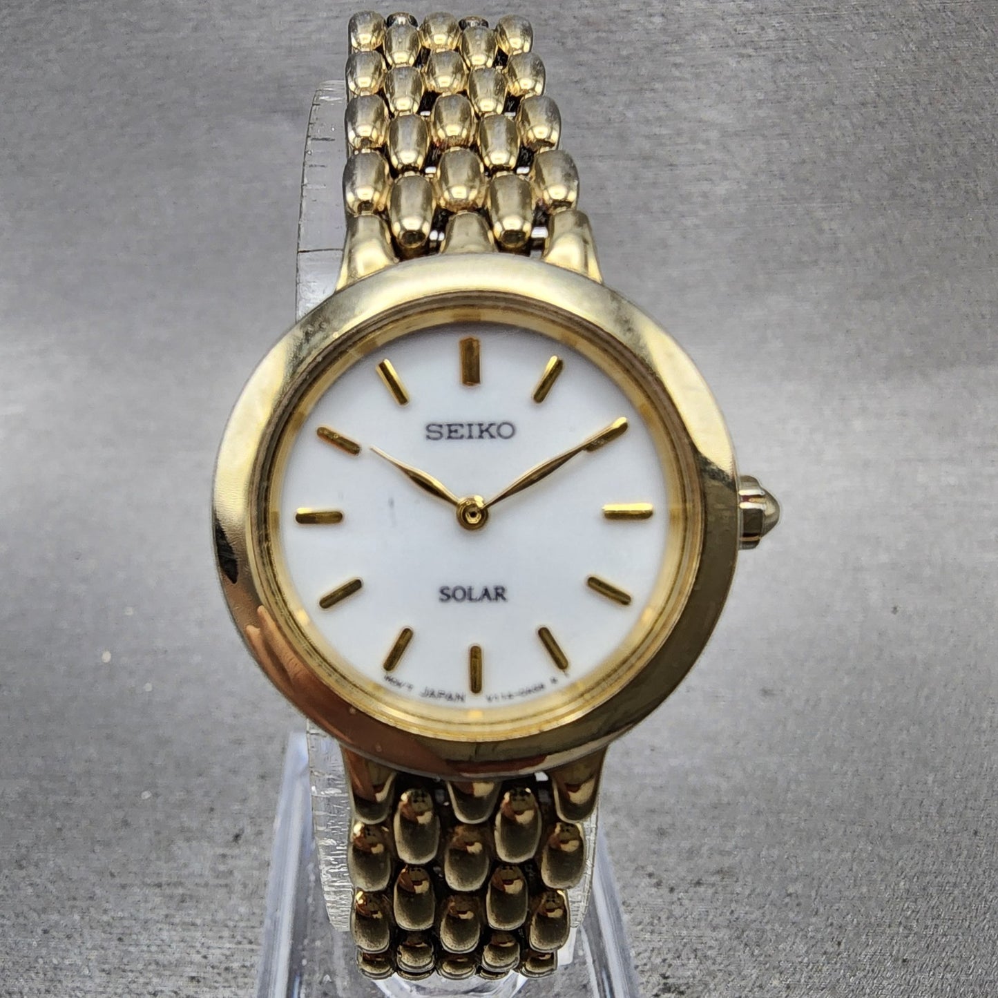 Seiko Solar Watch Women 24mm White Dial Gold Tone Round V1140AE0 Runs0