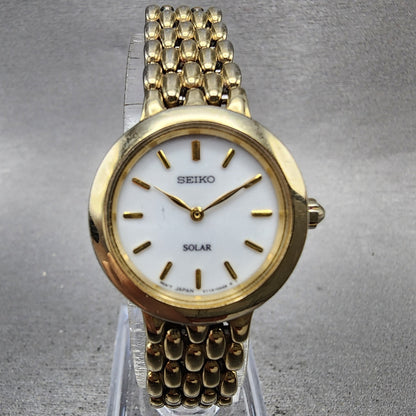 Seiko Solar Watch Women 24mm White Dial Gold Tone Round V1140AE0 Runs0