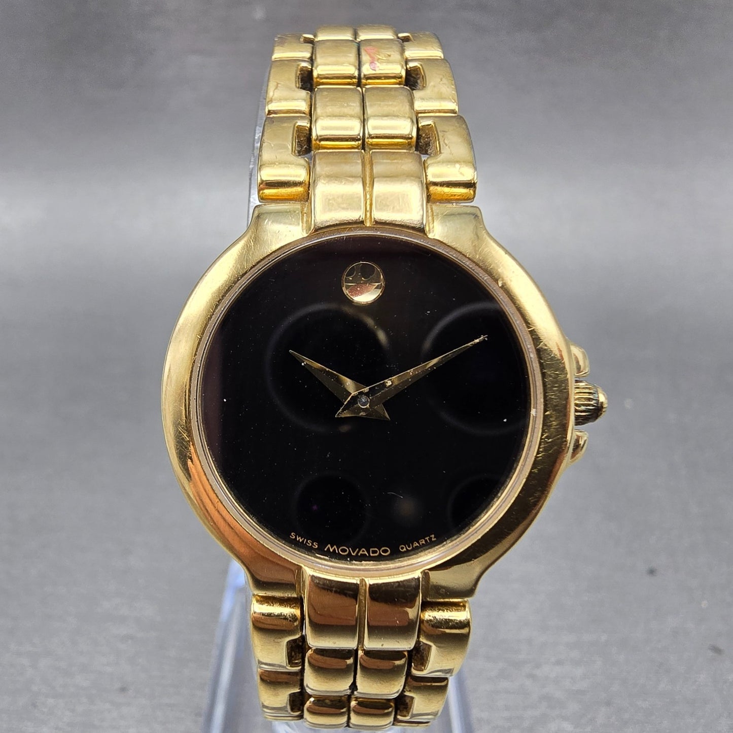 Movado Watch Women 26mm Black Dial Gold Tone Round 88-A1-844 New Battery0