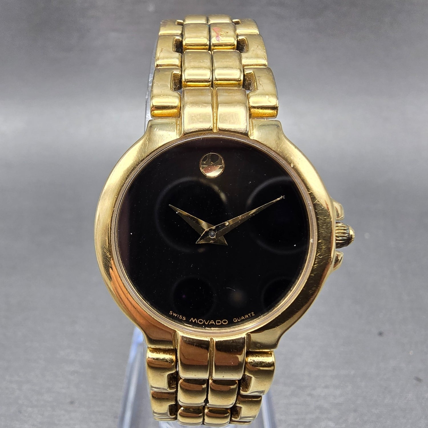 Movado Watch Women 26mm Black Dial Gold Tone Round 88-A1-844 New Battery0