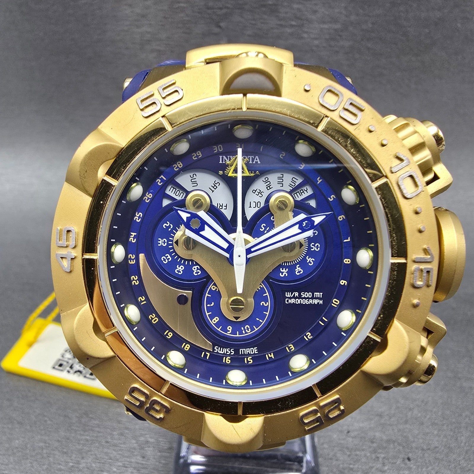 Invicta Sub Aqua Chronograph Triple Calendar Watch Men 50mm Blue Dial Gold Runs0