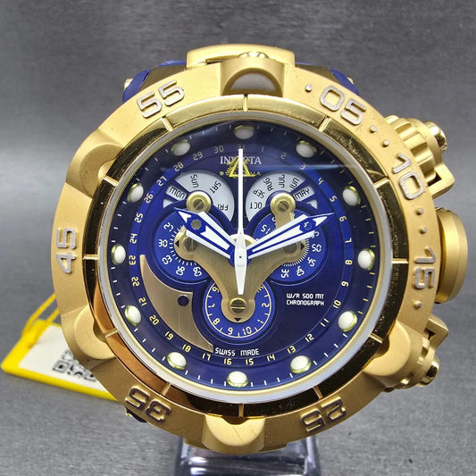 Invicta Sub Aqua Chronograph Triple Calendar Watch Men 50mm Blue Dial Gold Runs0