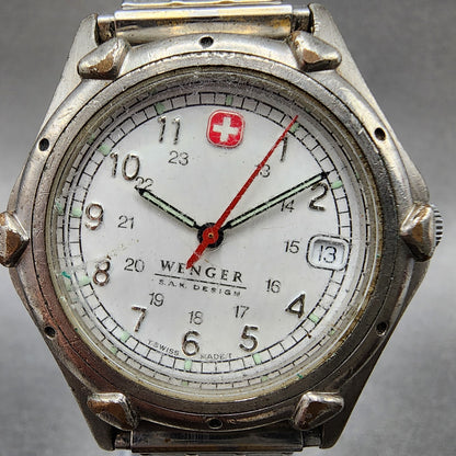 Wenger S.A.K Watch Men 36mm White Dial Silver Tone Date  New Battery READ!!!!