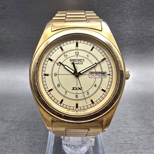 Seiko DX Watch Men 37mm Champagne Dial Gold Tone Daydate 5Y23-8230 New Battery0