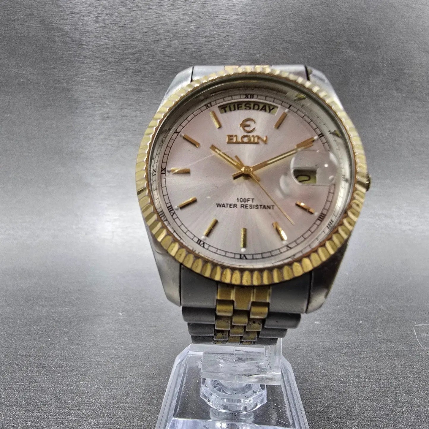 Elgin President Watch Men 38mm Silver Dial Two Tone Daydate Round New Battery5