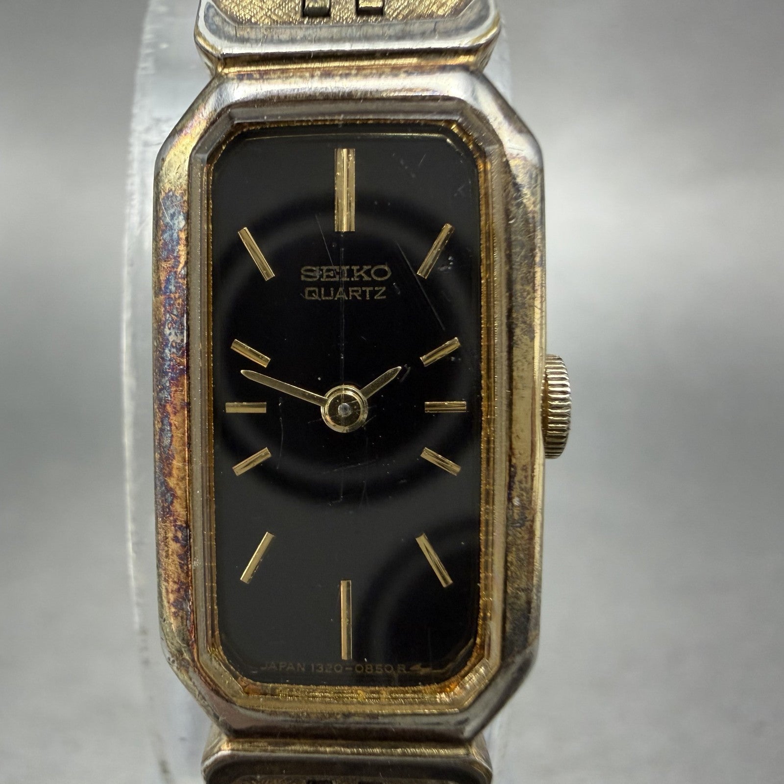 Seiko Tank Watch Women 13mm Black Dial Gold Tone Rectangle 13205649 New Battery1