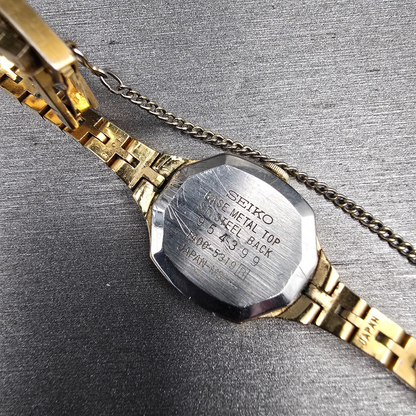 Seiko Watch Women 18mm Black Dial Gold Tone Hexagon 1400-5319 New Battery JP10