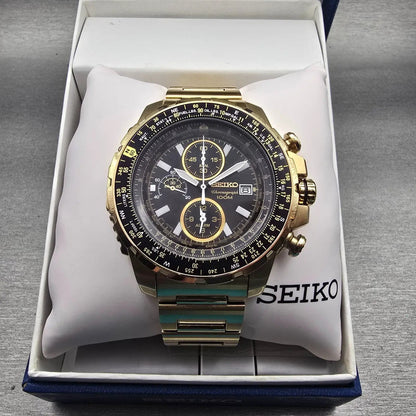 Seiko Flightmaster Chronograph Watch Men 45mm Black Dial Gold 7T62-0JR0 New Batt0