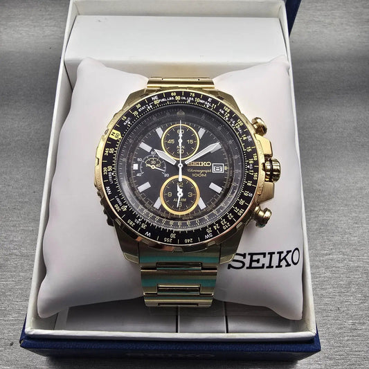 Seiko Flightmaster Chronograph Watch Men 45mm Black Dial Gold 7T62-0JR0 New Batt0
