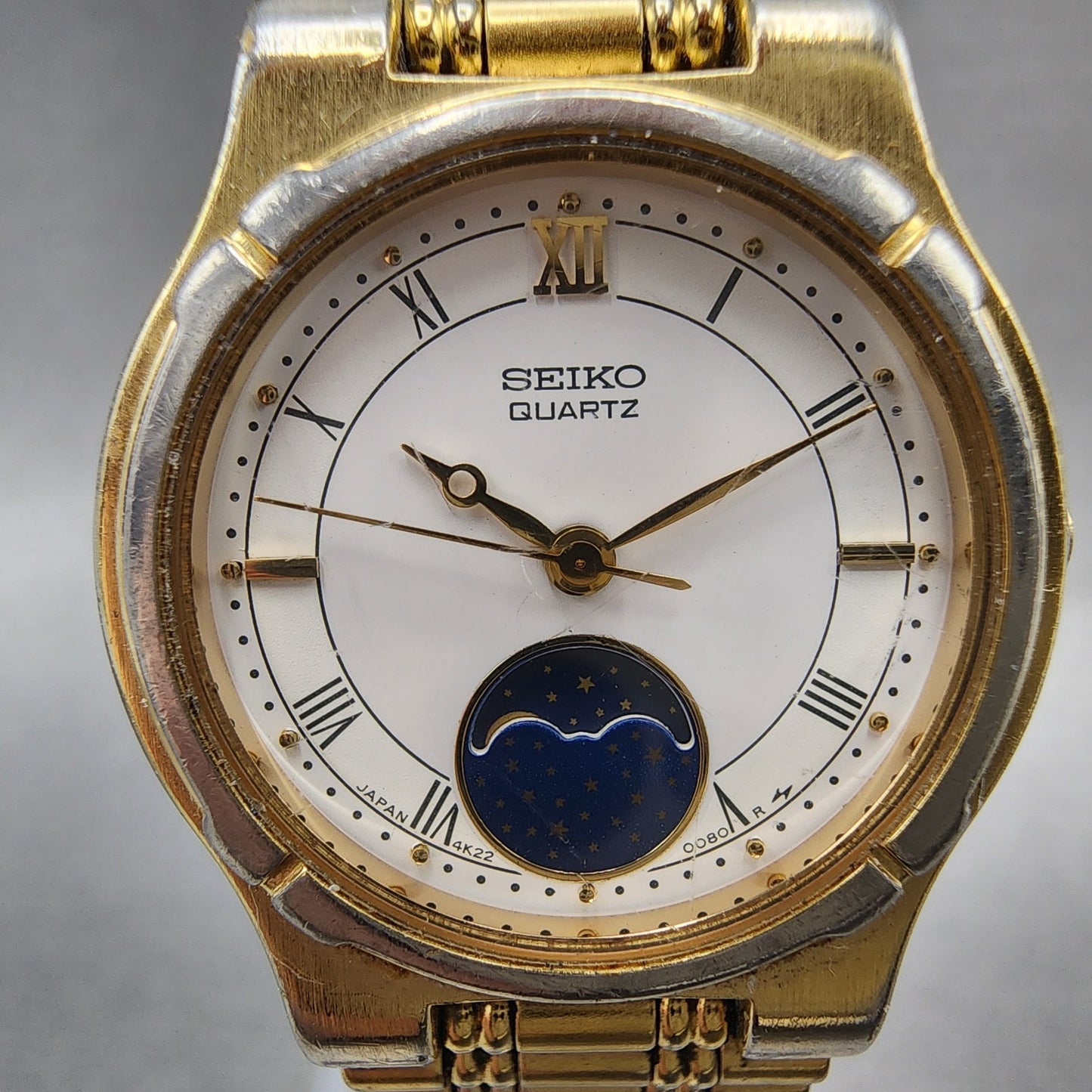 Seiko Moonphase Watch Women 24mm White Dial Gold Tone 4K220069 New Battery1