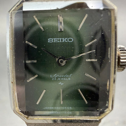 Seiko Special Tank Watch Women 19mm Green Dial Silver Tone Manual 1140-3140 Runs1