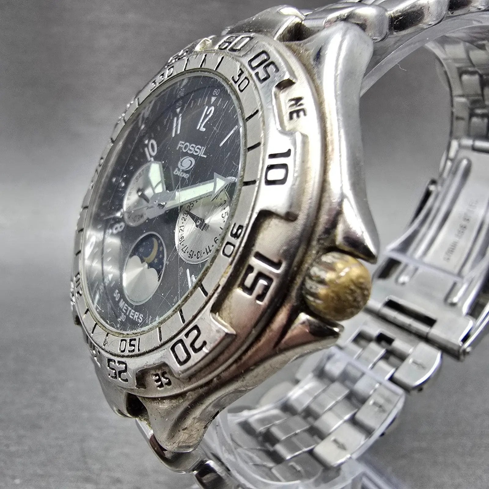 Fossil Blue Watch Men 40mm Black Dial Silver tone Daydate BQ-8777 New Battery KJ2