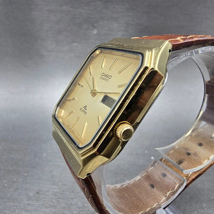 Casio Alarm Watch Men 30mm Gold Dial Gold Tone Octagon MQA-100G New Battery2