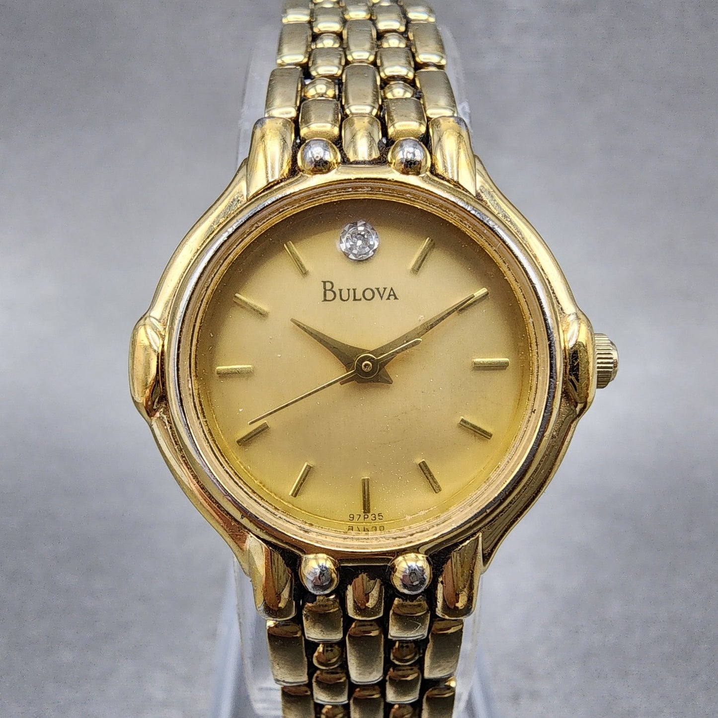 Bulova Diamond Watch Women 23mm Champagne Dial Gold Tone 97P35 New Battery0