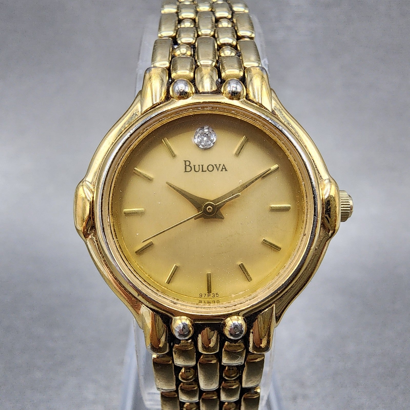 Bulova Diamond Watch Women 23mm Champagne Dial Gold Tone 97P35 New Battery0