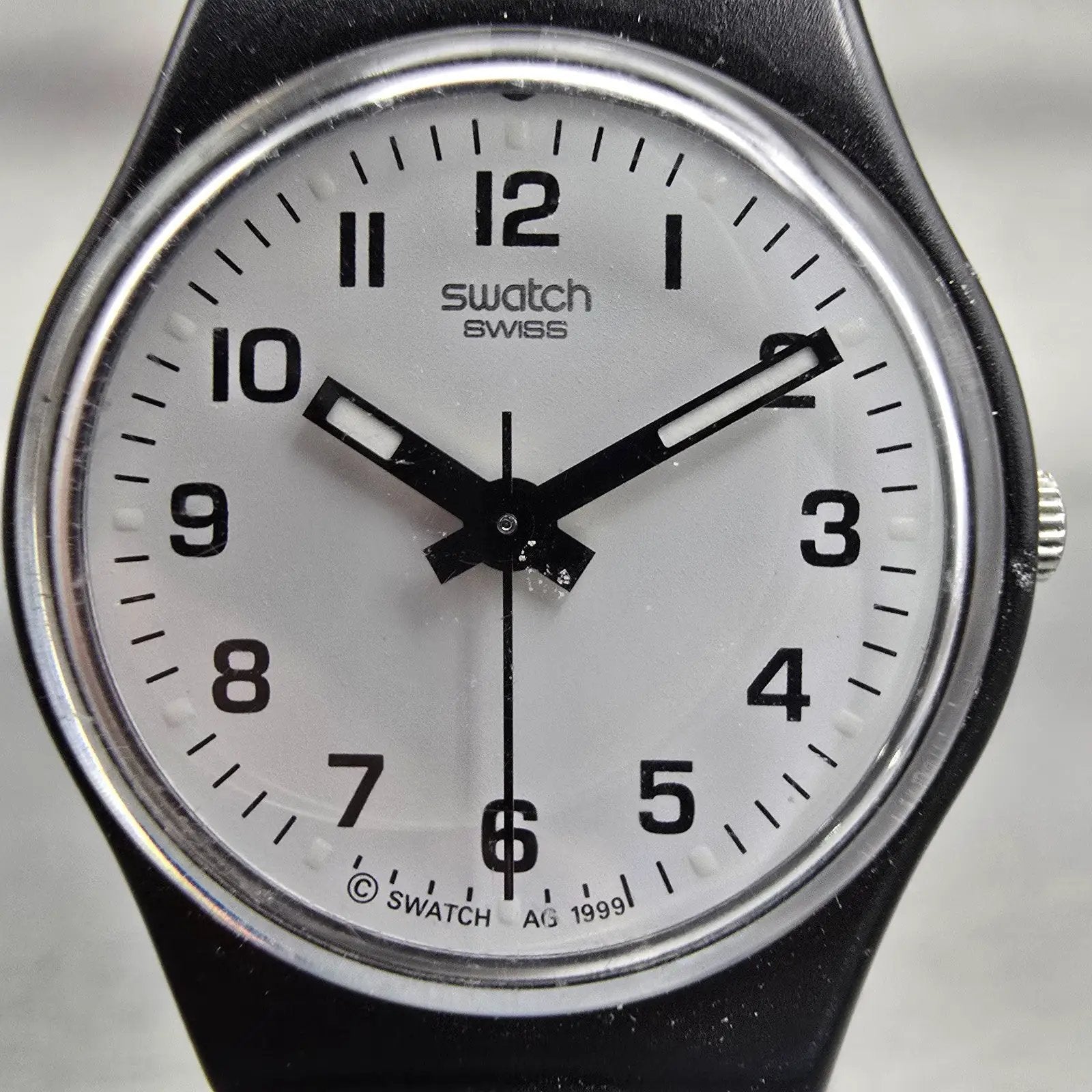 Swatch SOMETHING NEW Watch Women 25mm White Dial Black Case Round LB153 New Batt1