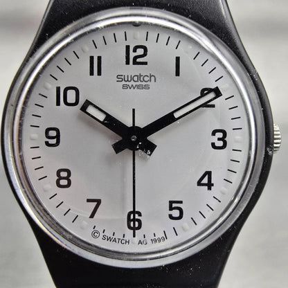 Swatch SOMETHING NEW Watch Women 25mm White Dial Black Case Round LB153 New Batt1