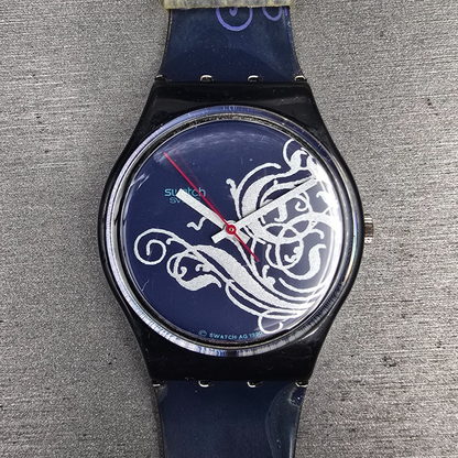 Swatch Tristan Mens Watch 34mm Blue Dial Black Tone Round GB135 New Battery0