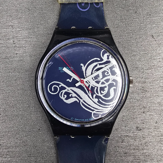 Swatch Tristan Mens Watch 34mm Blue Dial Black Tone Round GB135 New Battery0