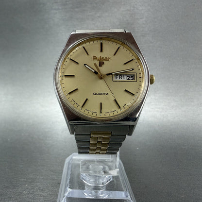 Seiko Pulsar Watch Men 34mm Champagne Dial Two Tone Daydate Y148800H NewBattery5