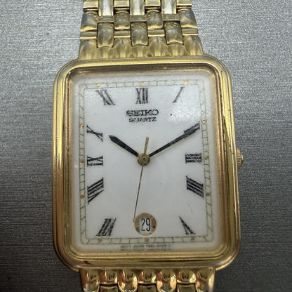 Seiko Tank Watch Men 26mm White Dial Gold Tone Date 7N225A10 New Battery READ!!1